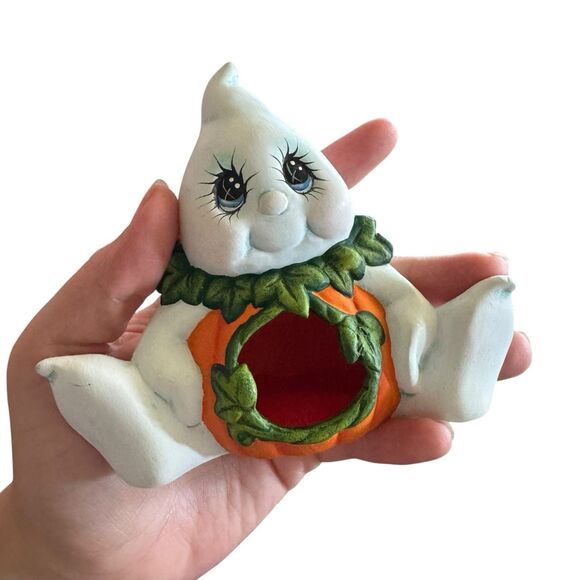 Ceramic Ghostly Pumpkins Hand Painted Halloween Figurine Shelf Sitters Set Of 2 - Picture 6 of 11
